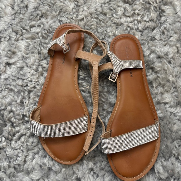 Shoes - Embellished Tan Leather T-Strap Sandals with Crystal Straps